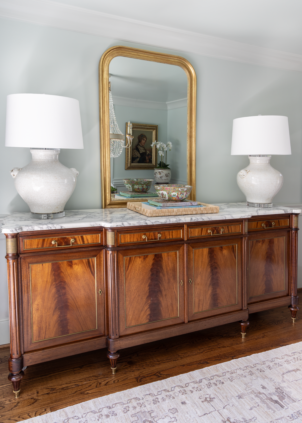 Louis XVI Style White Marble Top Sideboard